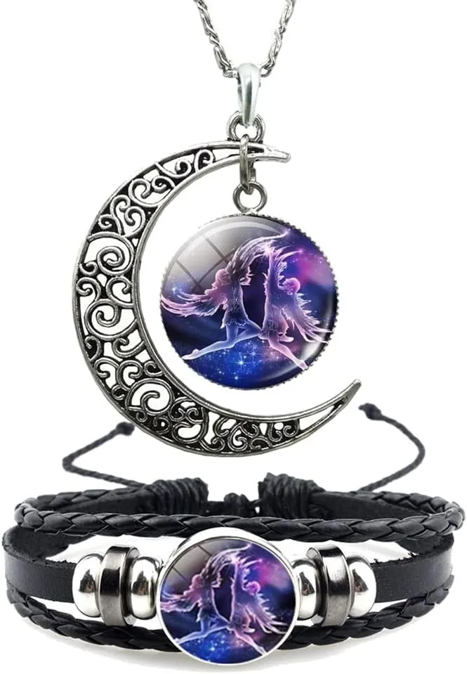12 Zodiac Constellation Necklace Bracelet Time Gemstone Horoscope Astrology Moon Crescent Necklace for Women Men Birthday Gift Jewelry