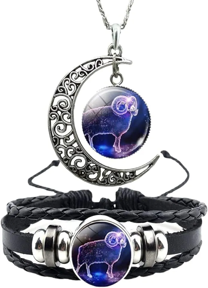 12 Zodiac Constellation Necklace Bracelet Time Gemstone Horoscope Astrology Moon Crescent Necklace for Women Men Birthday Gift Jewelry