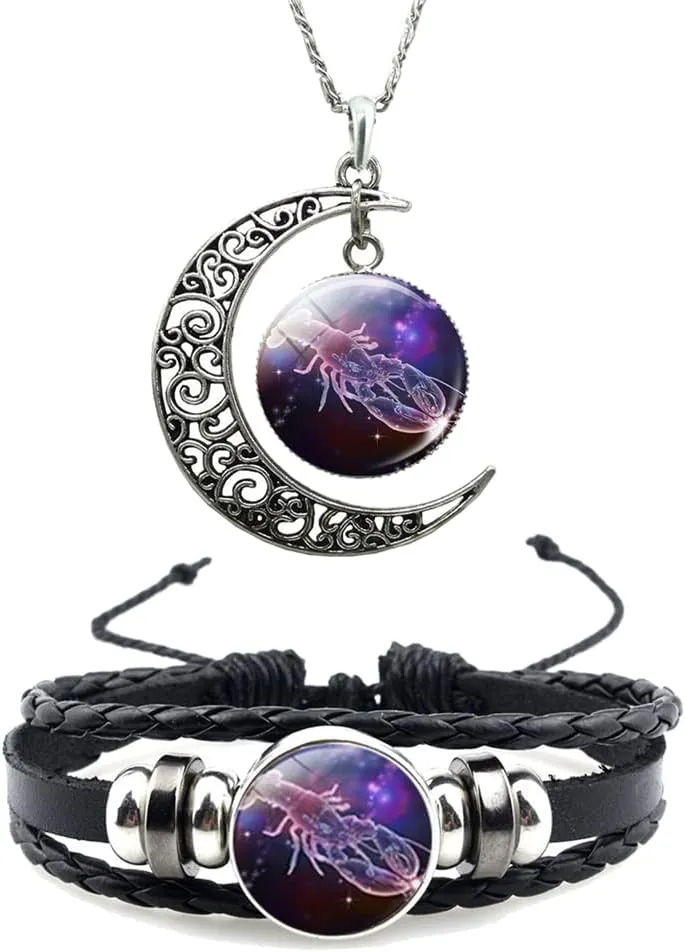 12 Zodiac Constellation Necklace Bracelet Time Gemstone Horoscope Astrology Moon Crescent Necklace for Women Men Birthday Gift Jewelry
