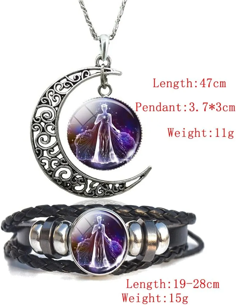 12 Zodiac Constellation Necklace Bracelet Time Gemstone Horoscope Astrology Moon Crescent Necklace for Women Men Birthday Gift Jewelry