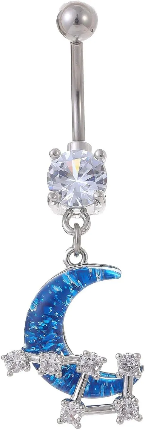 14G Starry Sky Moon Dangle Belly Button Rings for Women Dainty Stainless Steel Cubic Zirconia Belly Barbell Ring 3/8" 10mm Navel Piercing Jewelry