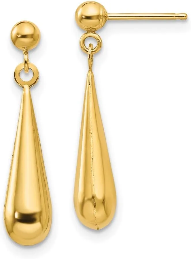 14k Yellow Gold Teardrop Dangle Studs Post Earrings - 22mm x 4mm