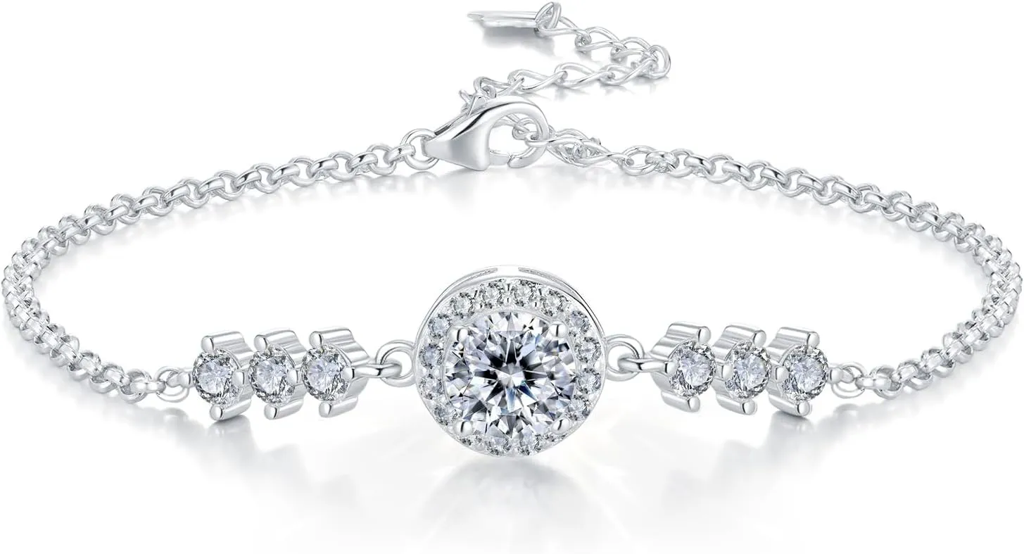 1CT Dainty Moissanite Starry Hand Bracelet for Women 18K White Gold Plated S925 Chain Jewelry for Mother Love Friend Mothers Day Birthday Gift for Her 7 2inch