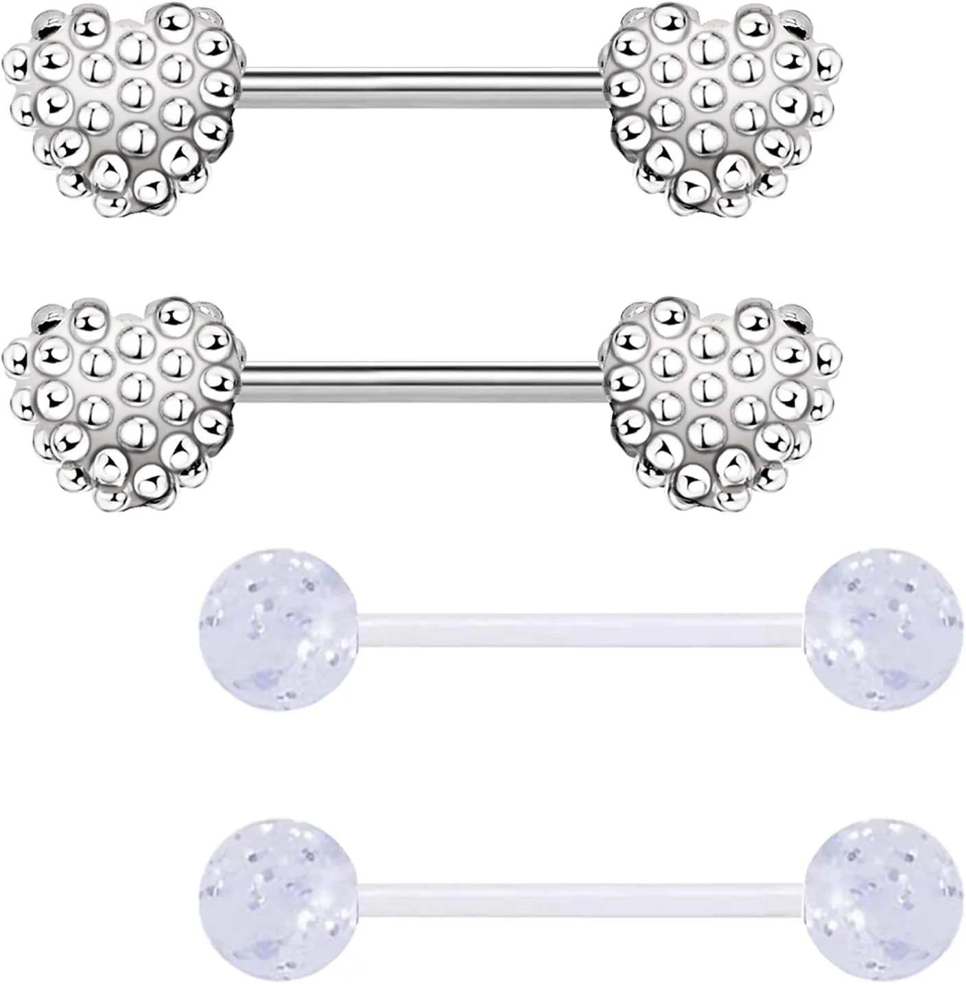 2 Pairs 14G Stainless Steel Heavy Heart Nipple Rings 316L Nipple Barbell Starlight Acrylic Ball Nipple Barbells Tongue Rings Body Piercing for Women Men