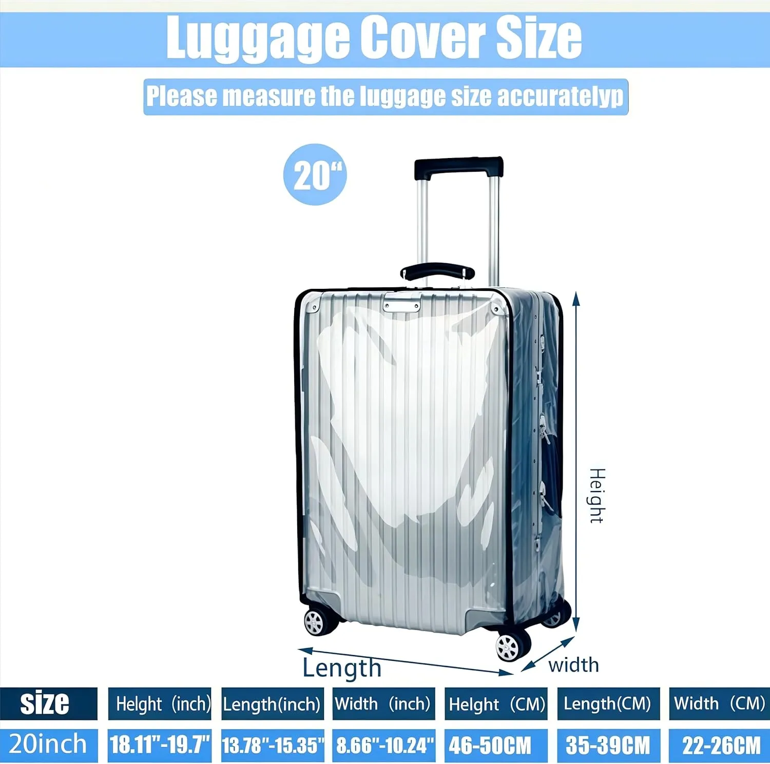 20 Inch Full Transparent Luggage Protector Cover Waterproof PVC Thicken Full Clear Suitcase Protector Cover Travel Case Suitable for 19"-20"