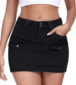 2025 Women's Stretchy Denim Skirt High Waisted Cargo Skirt Y2k Casual Mini Skirt Cute Jean Skirt with Pockets