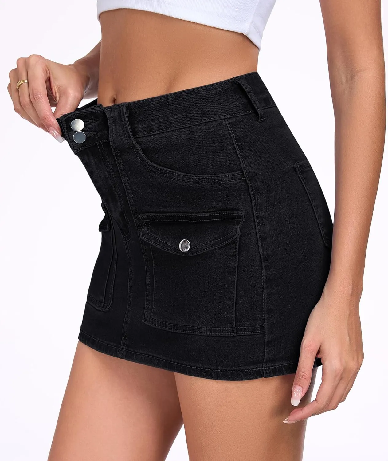 2025 Women's Stretchy Denim Skirt High Waisted Cargo Skirt Y2k Casual Mini Skirt Cute Jean Skirt with Pockets