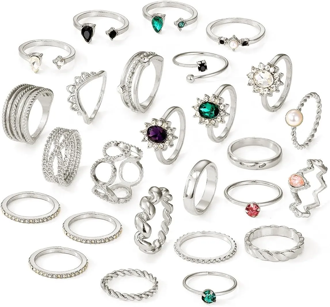 26 Pieces Vintage Gold Ring Set Cute Dainty Trendy Crystal and Red Gemstones Knuckle Rings with Pearl Crown Mixed Designs Stacked Wearing and Adjustable Sizes Narrow face Rings