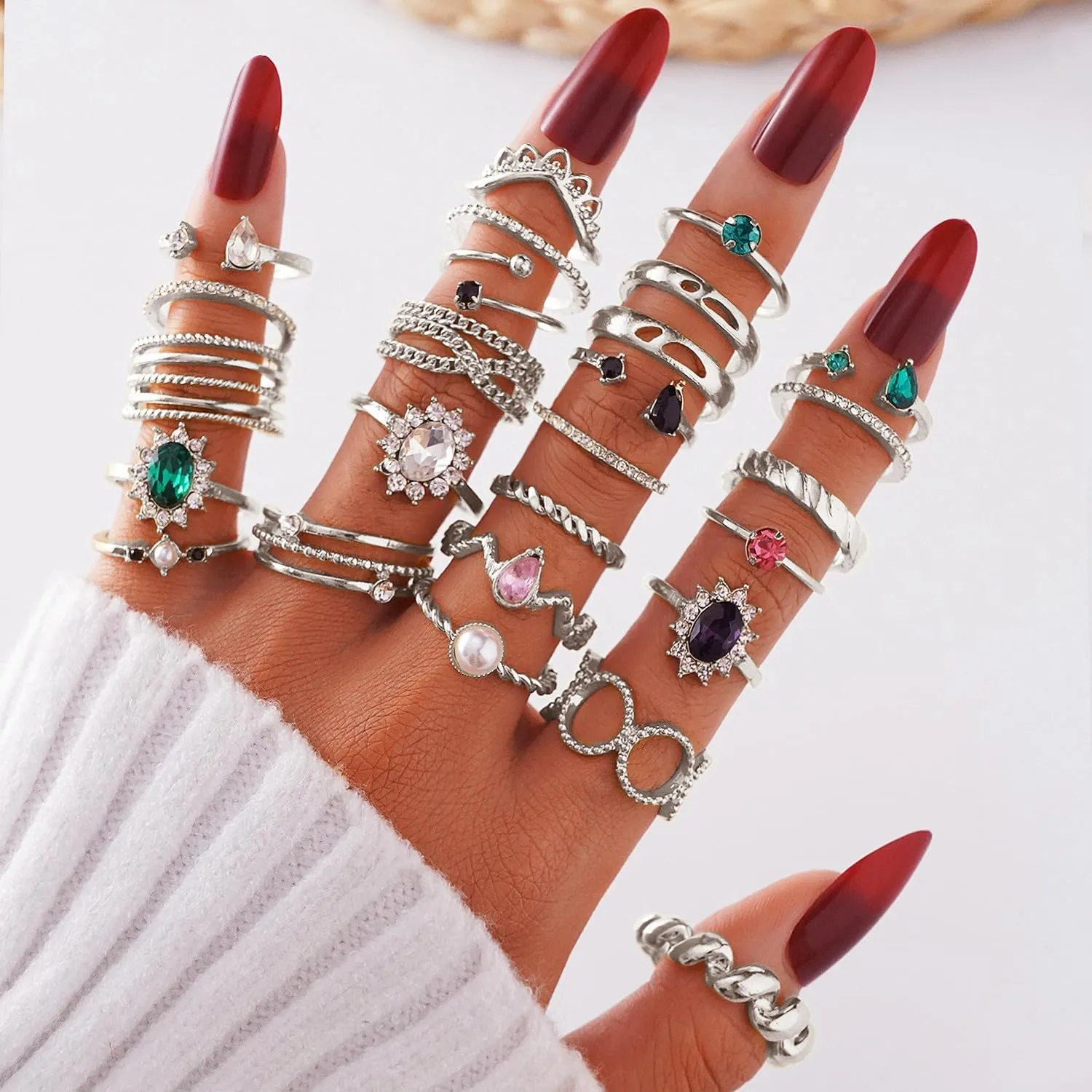 26 Pieces Vintage Gold Ring Set Cute Dainty Trendy Crystal and Red Gemstones Knuckle Rings with Pearl Crown Mixed Designs Stacked Wearing and Adjustable Sizes Narrow face Rings