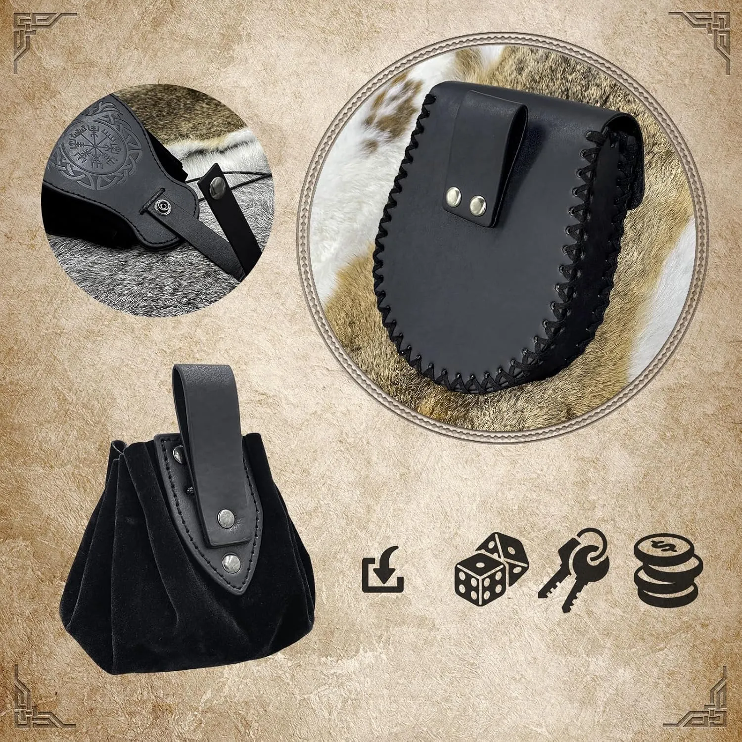 3 PCs Medieval Faux Leather Belt Bag Set, Renaissance Drawstring Pouch Dice Bag, Vintage Side Pack Coin Purse for LARP (Black A)