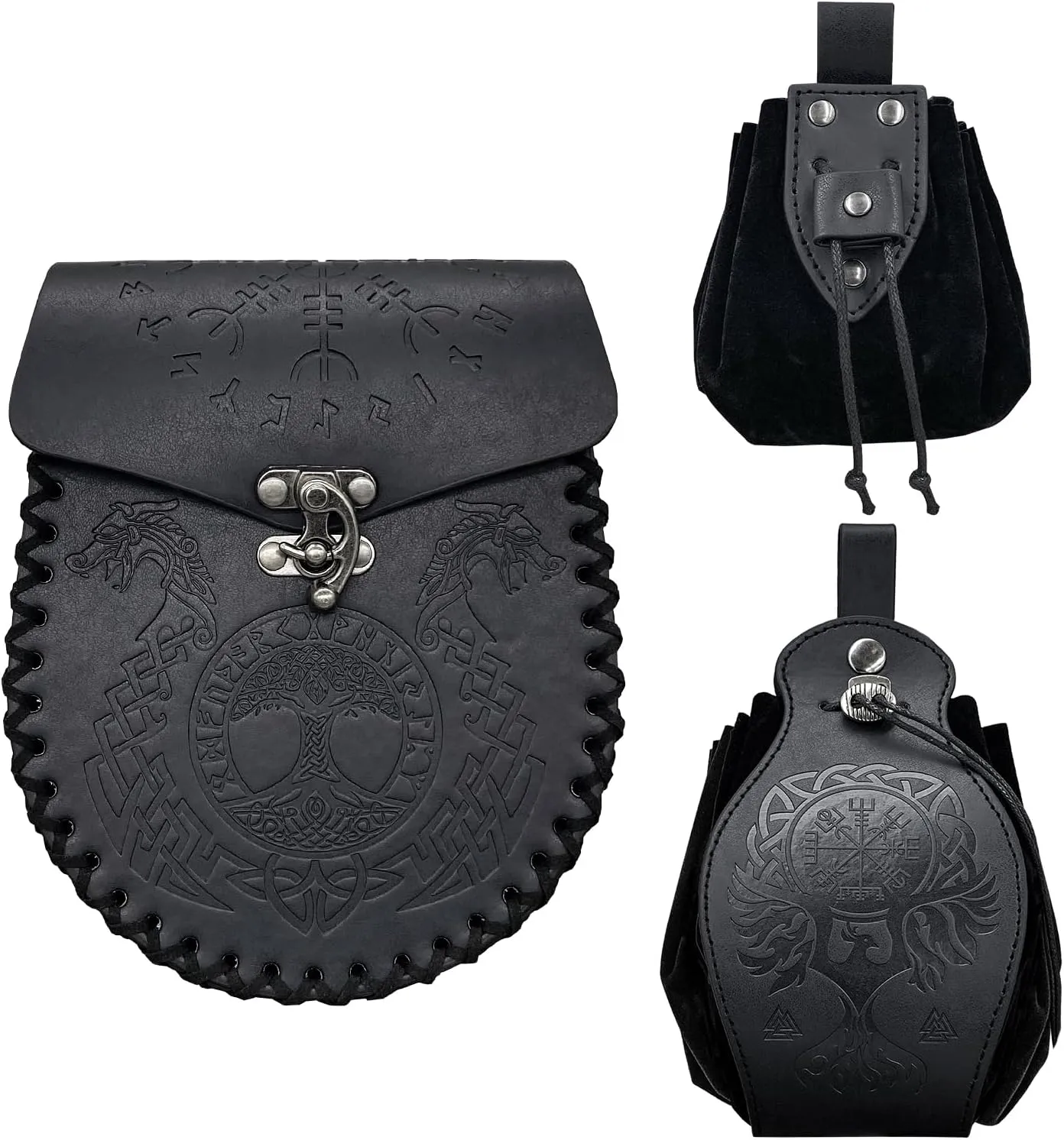 3 PCs Medieval Faux Leather Belt Bag Set, Renaissance Drawstring Pouch Dice Bag, Vintage Side Pack Coin Purse for LARP (Black A)