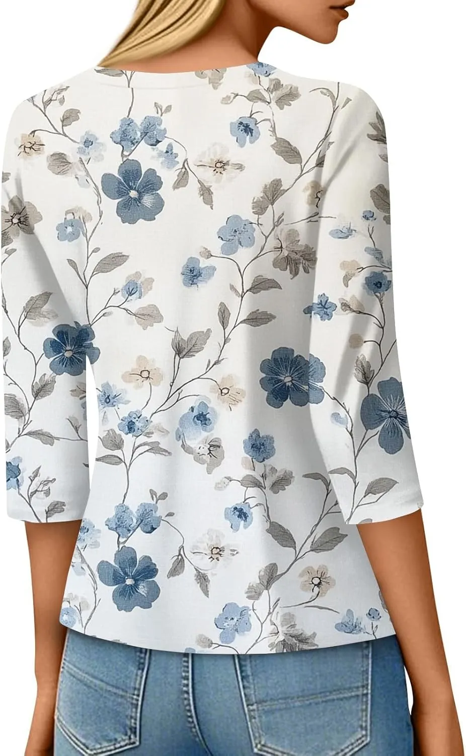 3/4 Length Sleeve Womes Tops Dressy Floral Crew Neck T Shirts Loose Fit Graphic Tees Lightweight Tops Blouses
