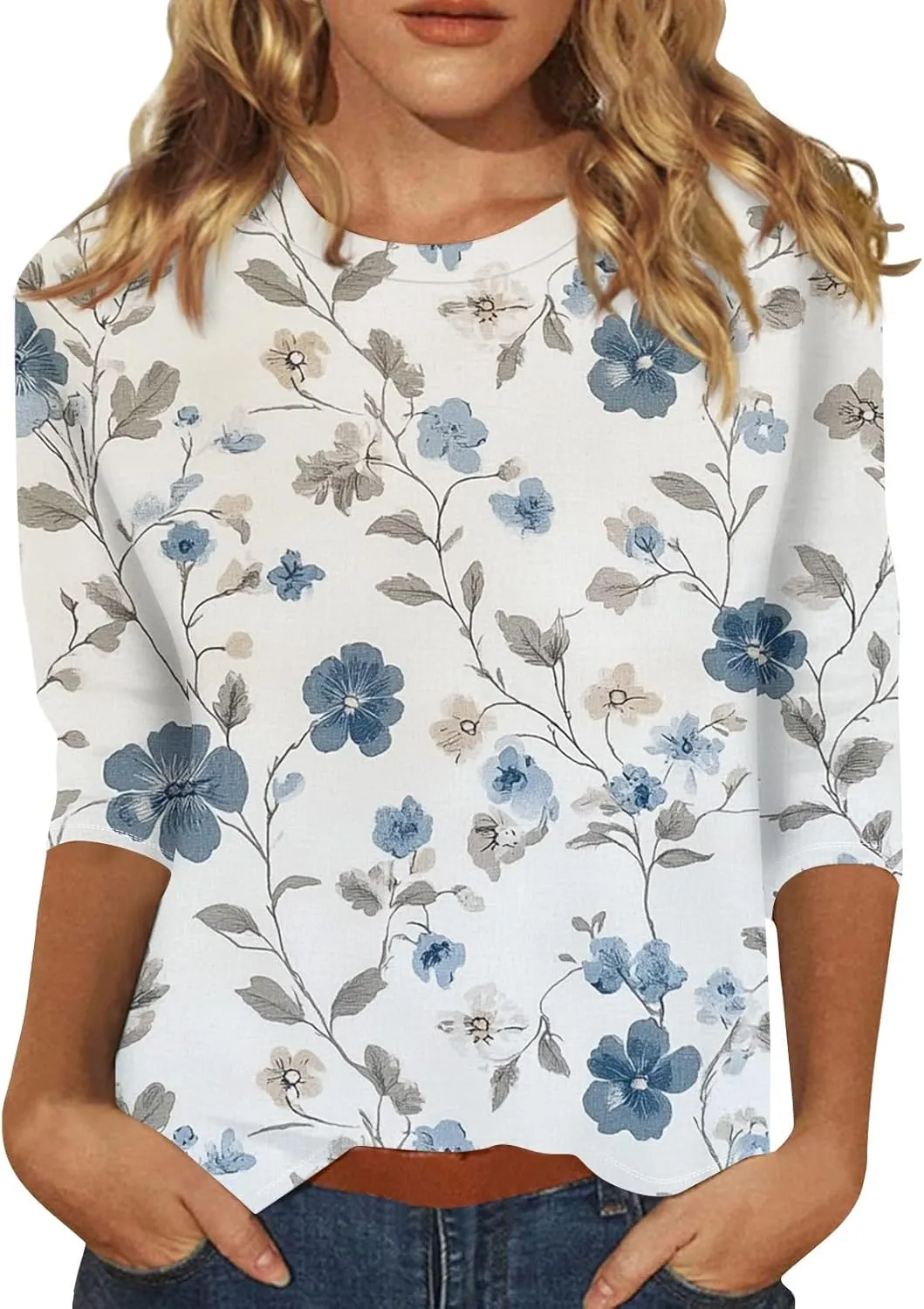 3/4 Length Sleeve Womes Tops Dressy Floral Crew Neck T Shirts Loose Fit Graphic Tees Lightweight Tops Blouses