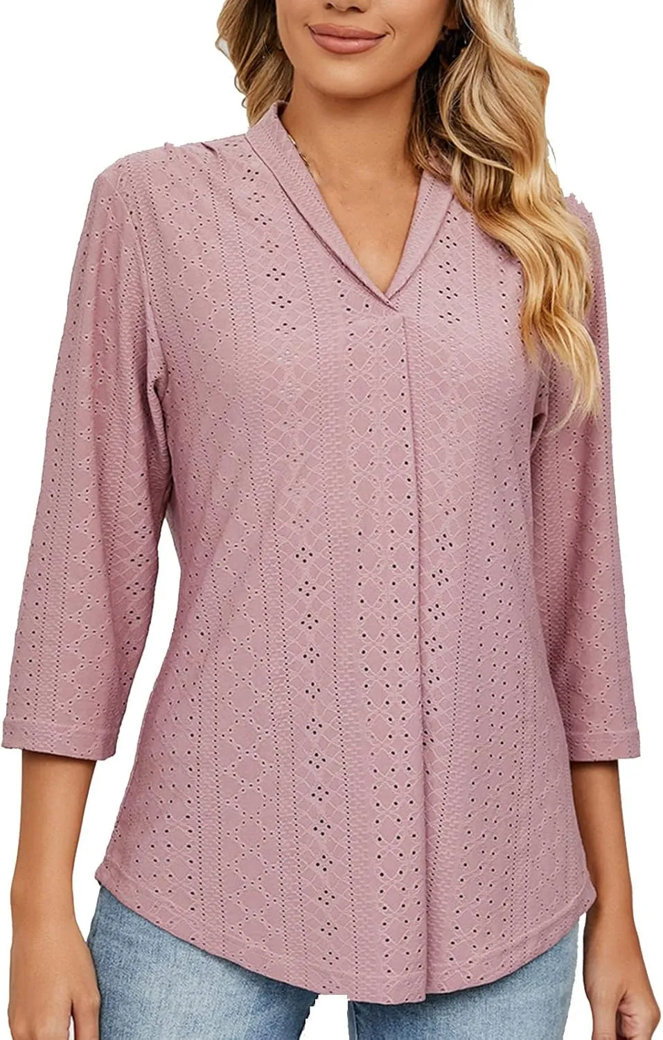 3/4 Sleeve Shirts for Women Business Casual Work Blouse Elegant v Neck Eyelet Loose Summer Tshirt Loose Fit Blouse