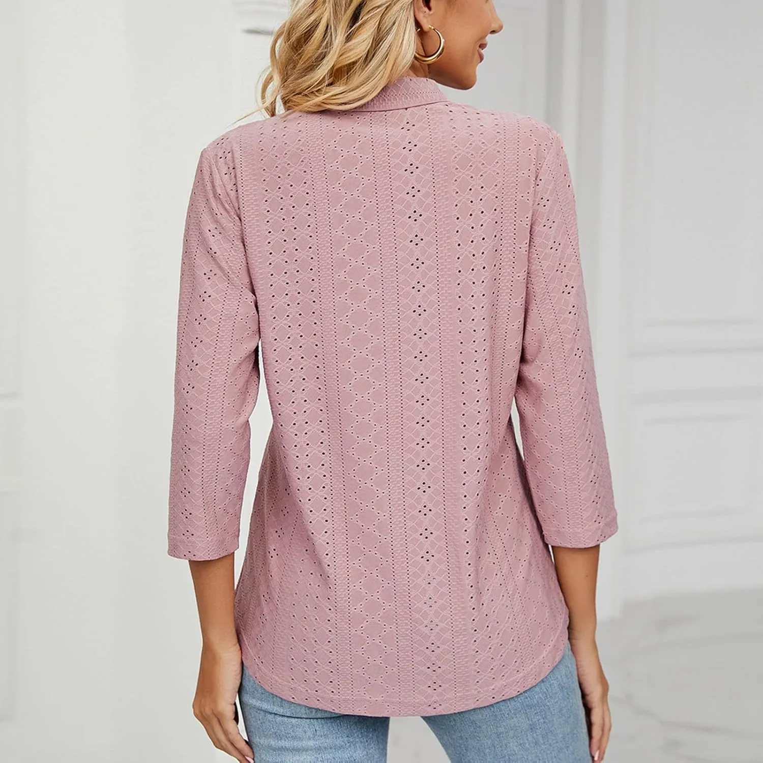 3/4 Sleeve Shirts for Women Business Casual Work Blouse Elegant v Neck Eyelet Loose Summer Tshirt Loose Fit Blouse