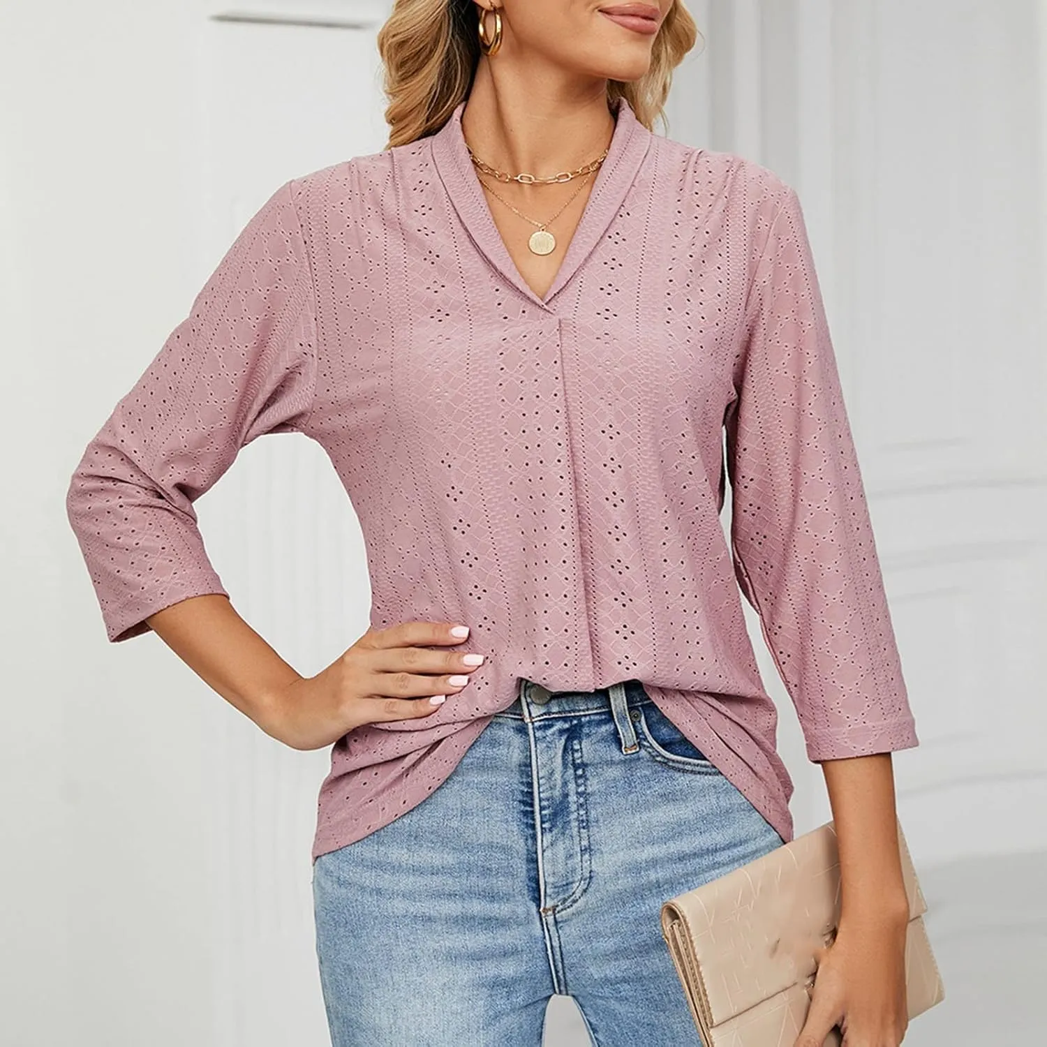 3/4 Sleeve Shirts for Women Business Casual Work Blouse Elegant v Neck Eyelet Loose Summer Tshirt Loose Fit Blouse