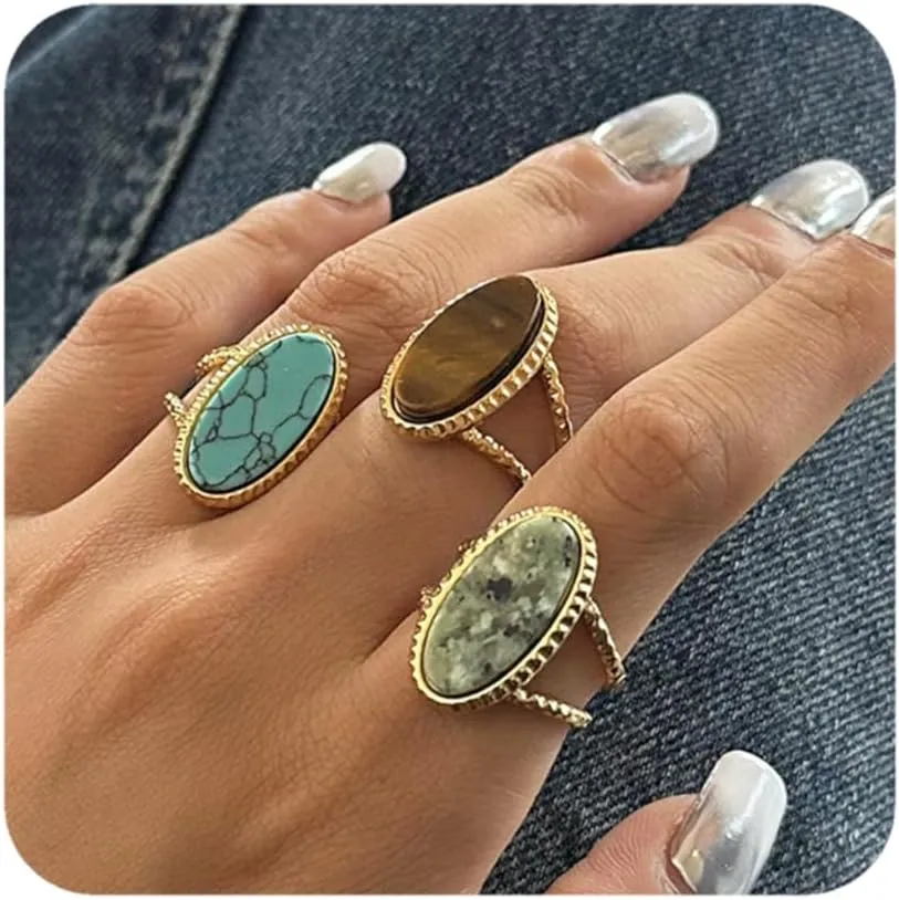 3PCS Vintage Gold Knuckle Rings Set for Women - Bohemian Stackable Midi Rings with Turquoise & Tiger Eye Stones, Chunky Joint Finger Stacking Rings