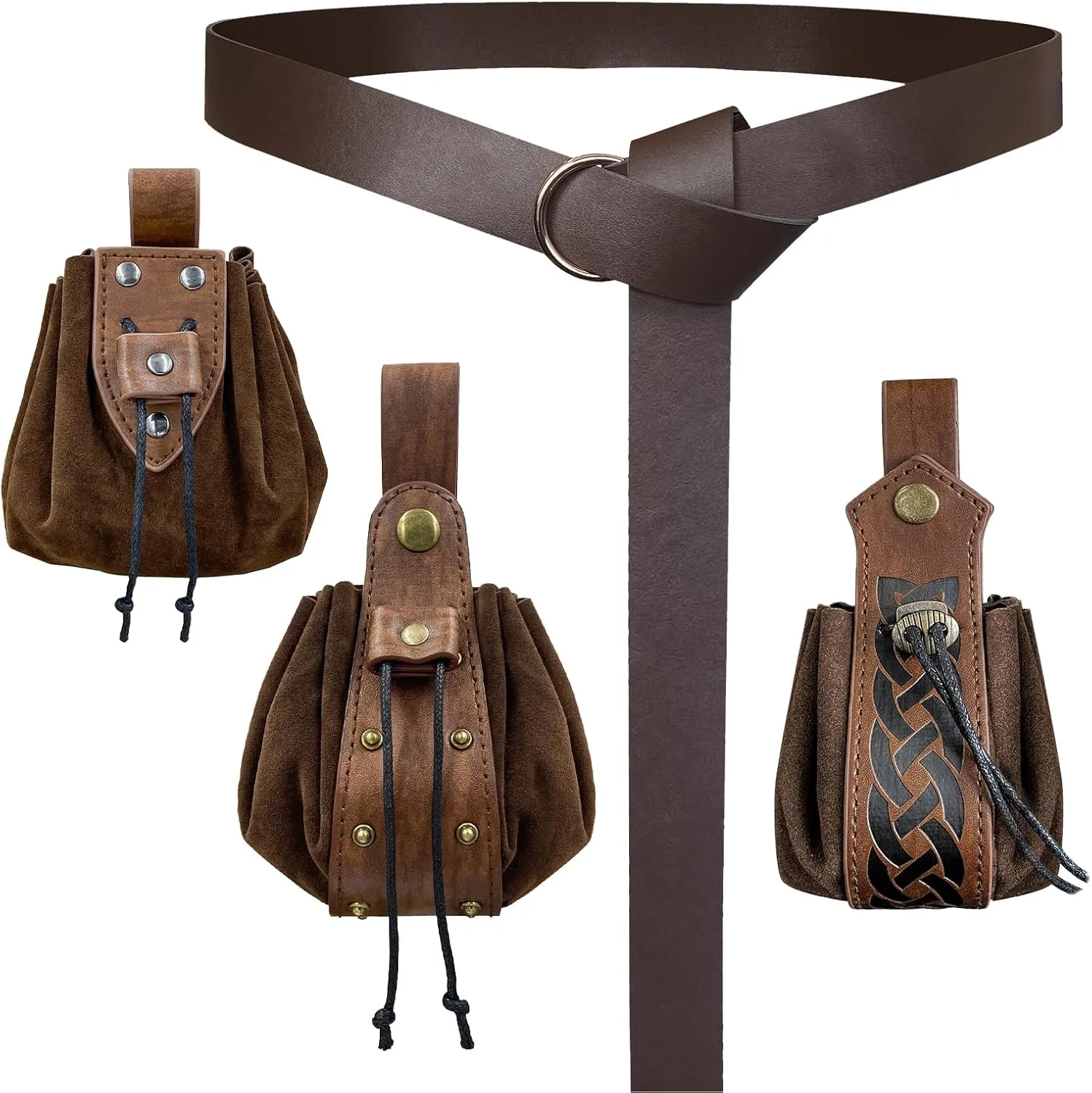 4 PCsMedieval O Ring Belt and Drawstring Pouch Set, Retro Faux Leather Belt Bag Dice Bag Portable Coin Purse For LARP (Brown A)