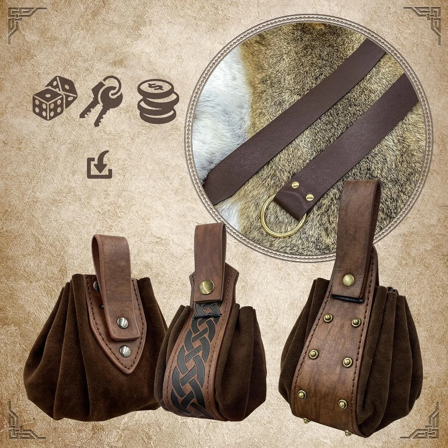 4 PCsMedieval O Ring Belt and Drawstring Pouch Set, Retro Faux Leather Belt Bag Dice Bag Portable Coin Purse For LARP (Brown A)