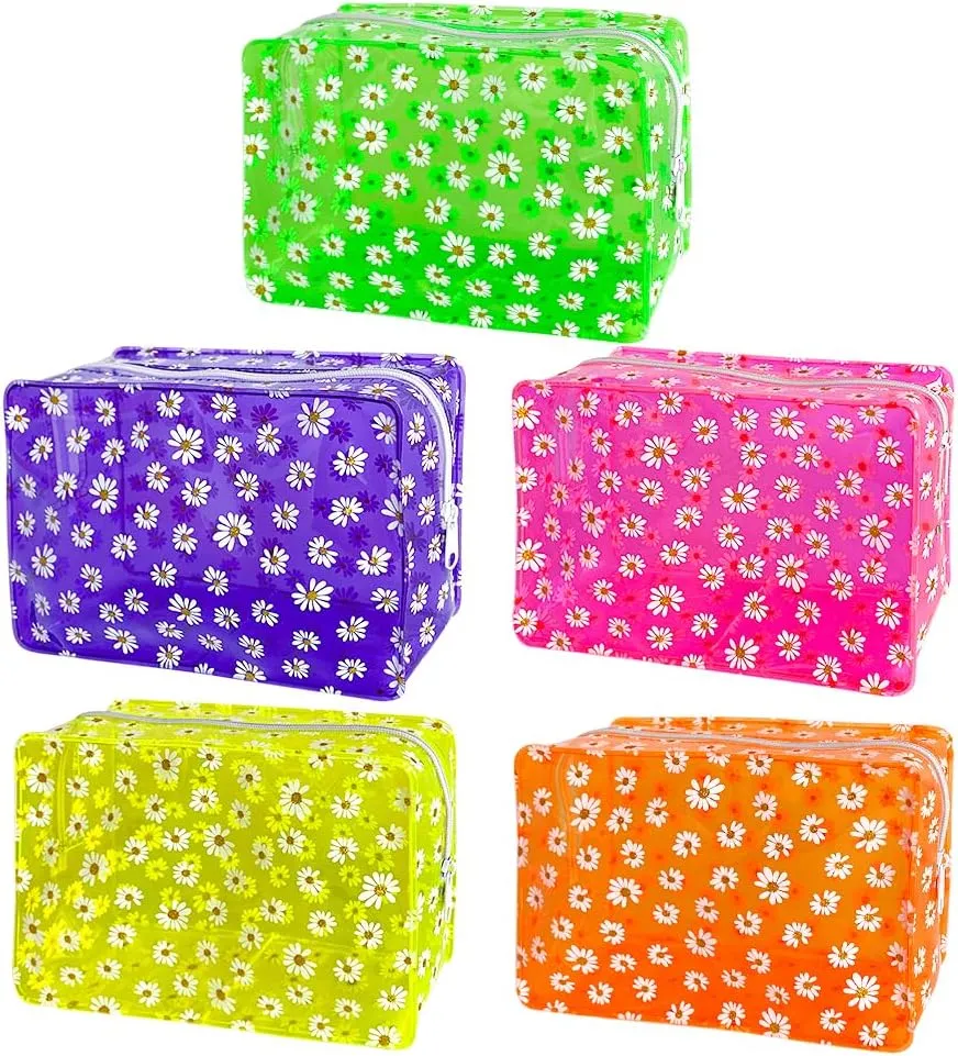 5PCS dasiy cosmetic makeup bag, neon clear cosmetics bag pvc zippered clear toiletry carry pouch,vinyl plastic organizer case for vacation