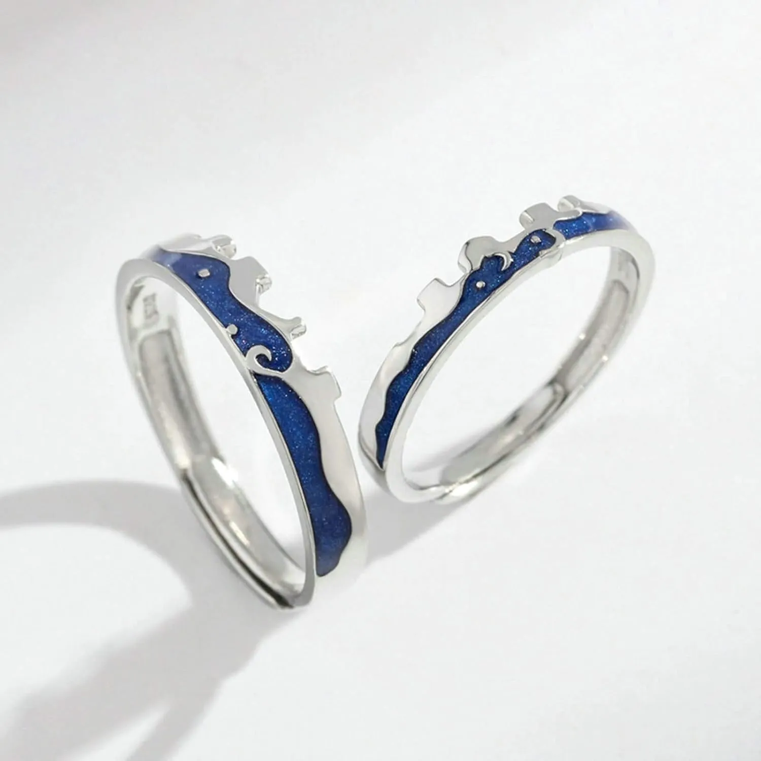 925 Sterling Silver Open Rings Silver Blue Enamel Starry Puzzle Wedding Bands His and Hers Matching Engagement Rings Set