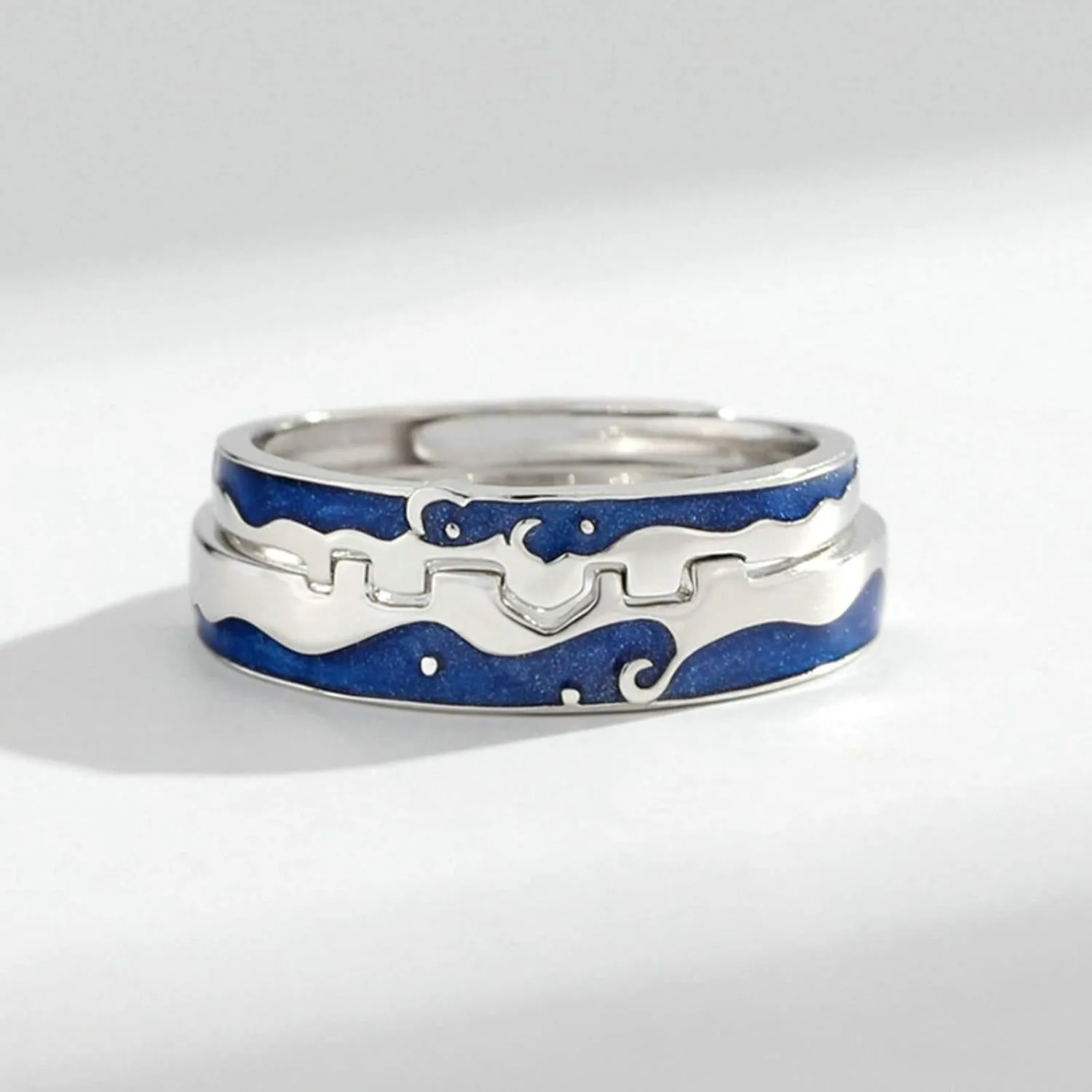 925 Sterling Silver Open Rings Silver Blue Enamel Starry Puzzle Wedding Bands His and Hers Matching Engagement Rings Set