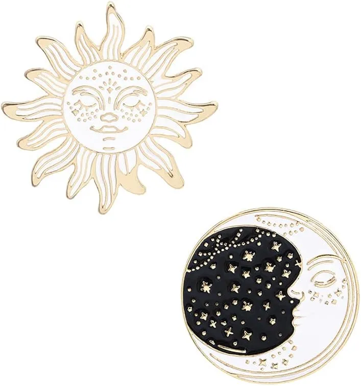 Acxico 2Pcs Fashion Enamel Starry Sky Moon Brooch Pin and White Enamel Sun Brooch Pin Collar Badge Corsage Jewelry Women
