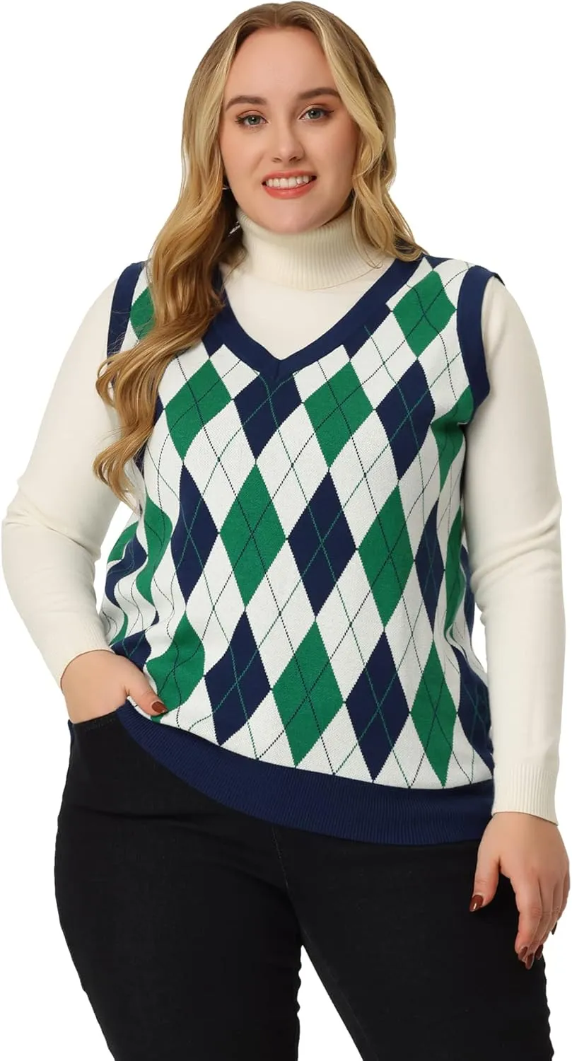 Agnes Orinda Plus Size Sweater Vest for Women Plaid Cable Knit Sleeveless Pullover Crop Top Sweater Vests