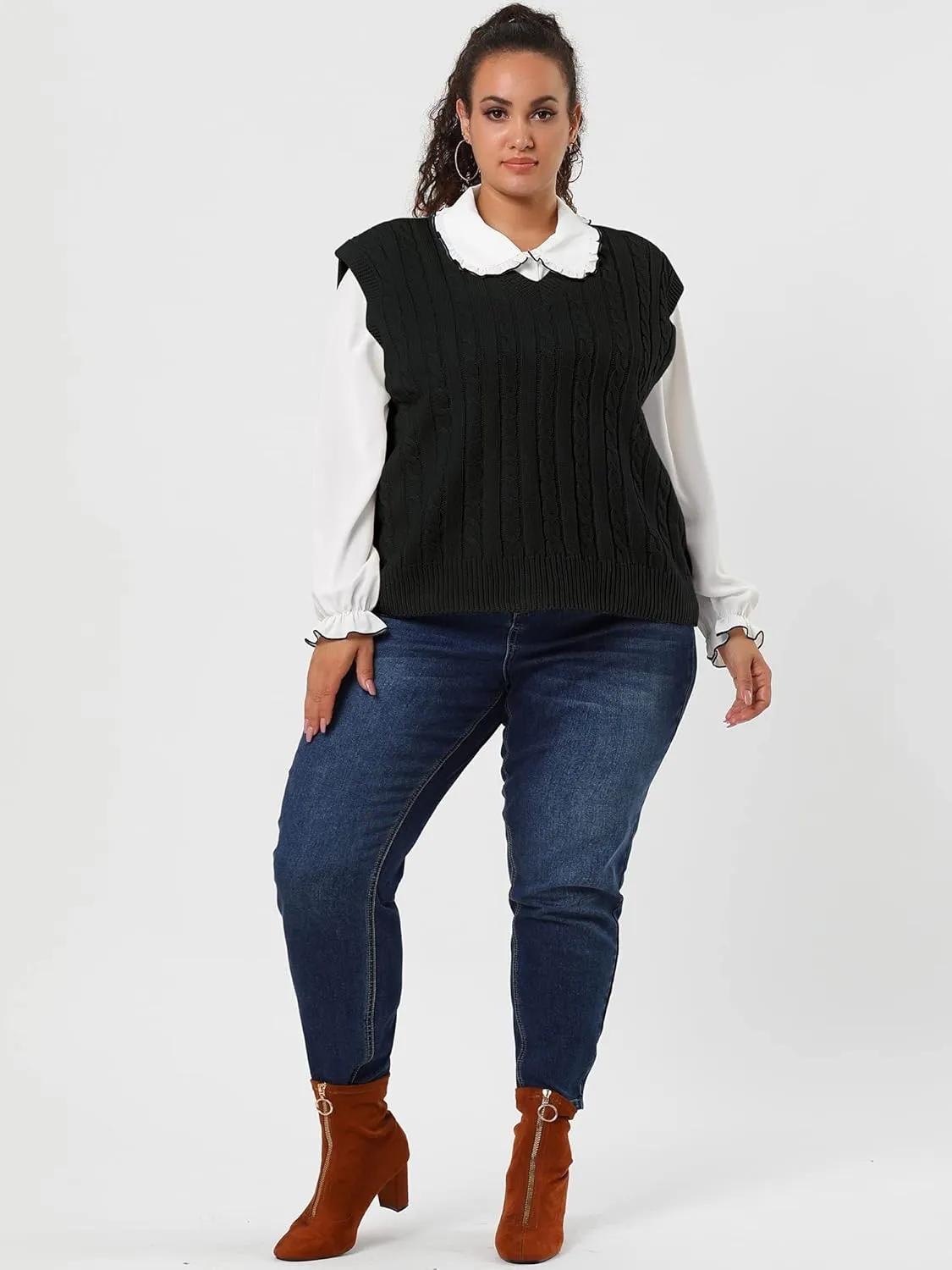 Agnes Orinda Women's Plus Size Sweater Vest V Neck Cable Knit Sweater Sleeveless Pullover Sweater Vests