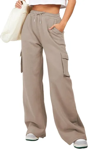 Aleumdr Women High Waisted Drawstring Wide Leg Cargo Pants 2025 Trendy Casual Baggy Joggers Pants with Pockets