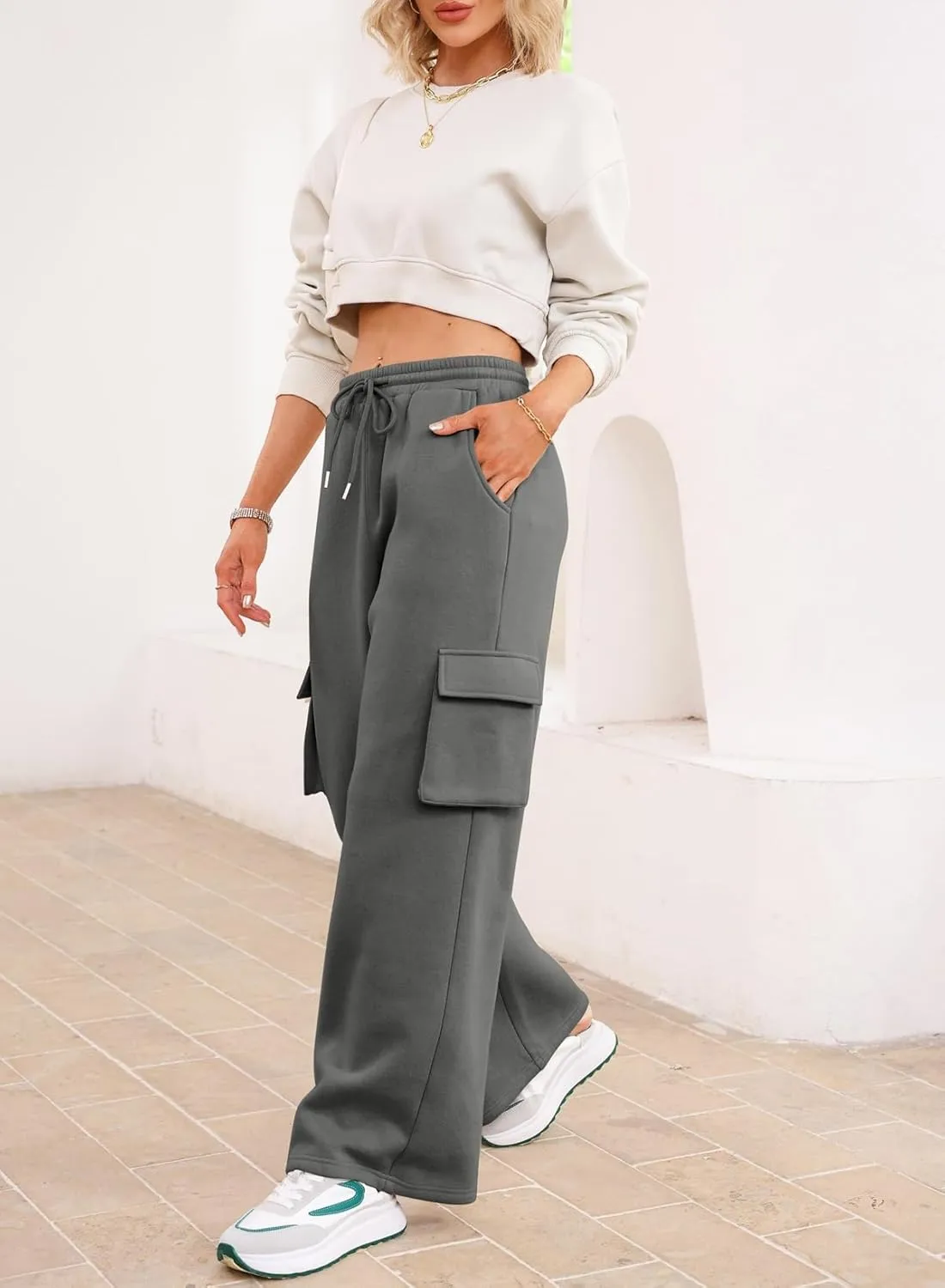 Aleumdr Women High Waisted Drawstring Wide Leg Cargo Pants 2025 Trendy Casual Baggy Joggers Pants with Pockets