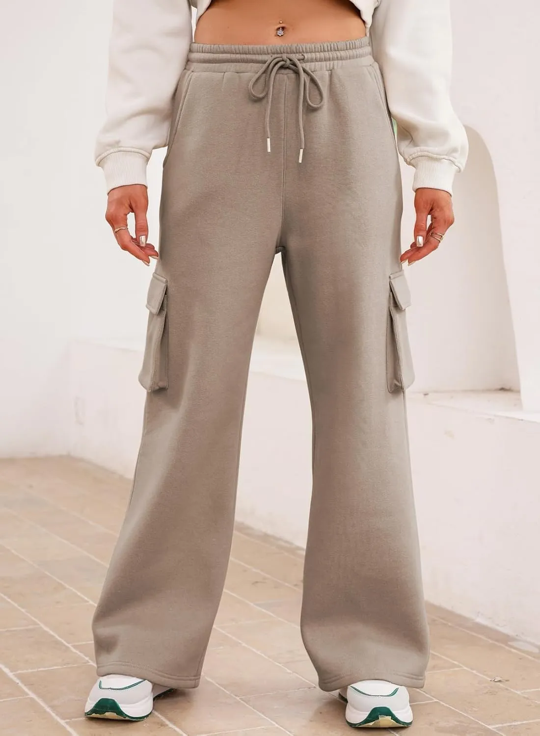Aleumdr Women High Waisted Drawstring Wide Leg Cargo Pants 2025 Trendy Casual Baggy Joggers Pants with Pockets