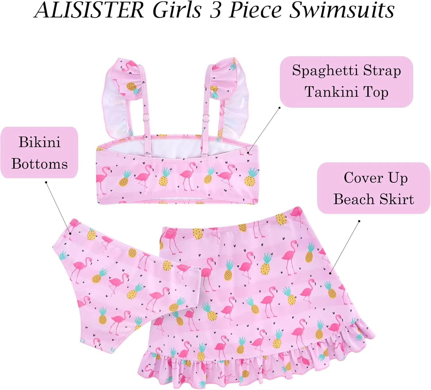 ALISISTER Girls Swimsuit 3 Piece Bathing Suits for 5-12 Years Hawaiian Bikini Set with Cover Ups Skirt