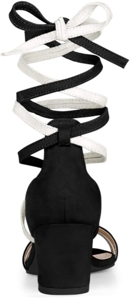 Allegra K Women's Open Toe Color Block Heel Lace Up Sandals