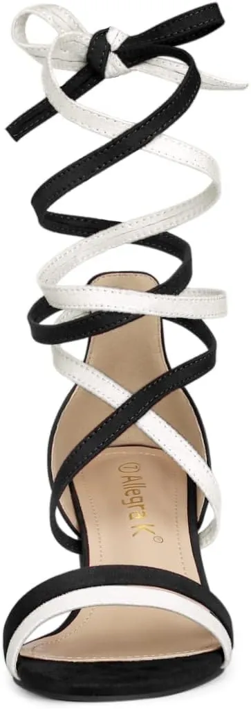 Allegra K Women's Open Toe Color Block Heel Lace Up Sandals