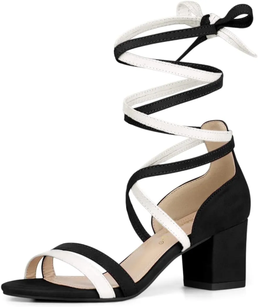 Allegra K Women's Open Toe Color Block Heel Lace Up Sandals