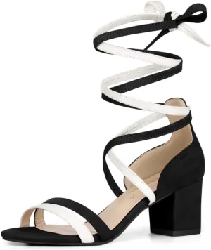 Allegra K Women's Open Toe Color Block Heel Lace Up Sandals