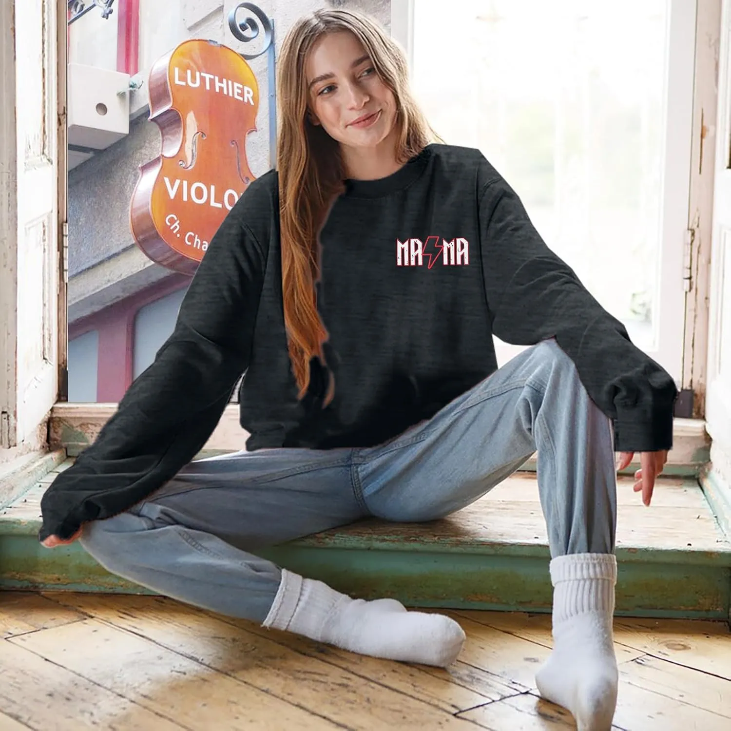 ALLTB Mama Rock Tour Sweatshirt for Women Oversized Mama Rock Letter Print Pullover Tops Mom Fall Long Sleeve Crewneck Loose