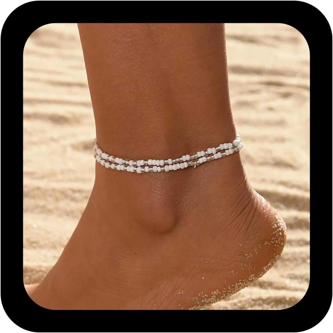 Andelaisi Boho Layered Beads Anklet Bracelet Vintage Seed Beaded Foot Chain White Small Bead Anklet Chain Summer Beach Rice Beads Bracelet Jewelry for Women