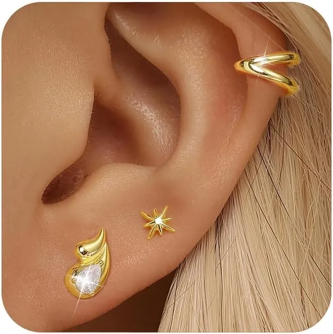 Angelady Gold Stud Earrings Set for Women, 3 pairs Drop Earring Stack for Women, Chunky Gold Teardrop Stud Earrings Jewelry