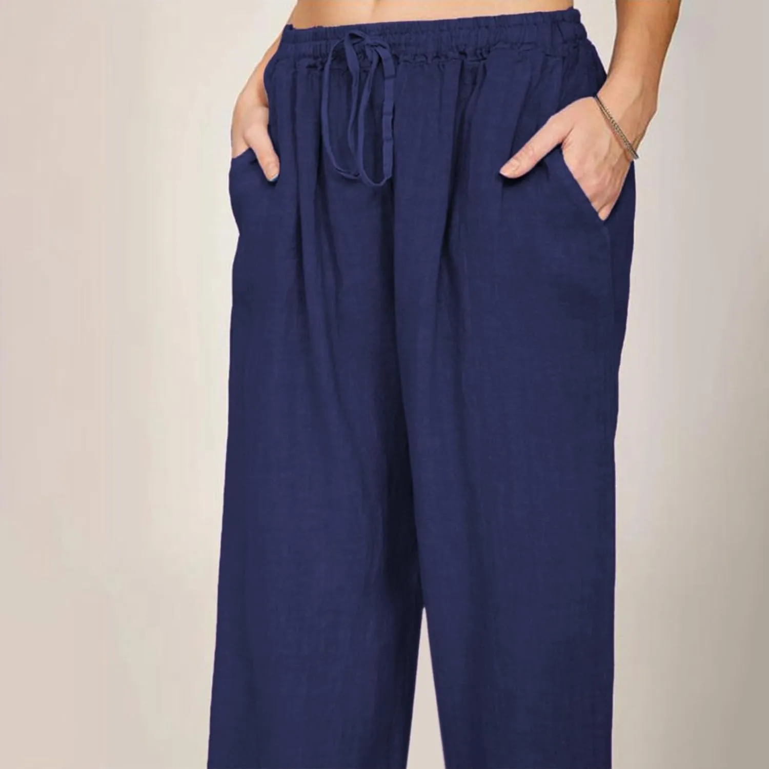 Aniwyn Cotton Linen Pants for Women Loose Fit Summer Wide Leg Casual Loose Drawstring High Waist Palazzo Trousers with Pocket