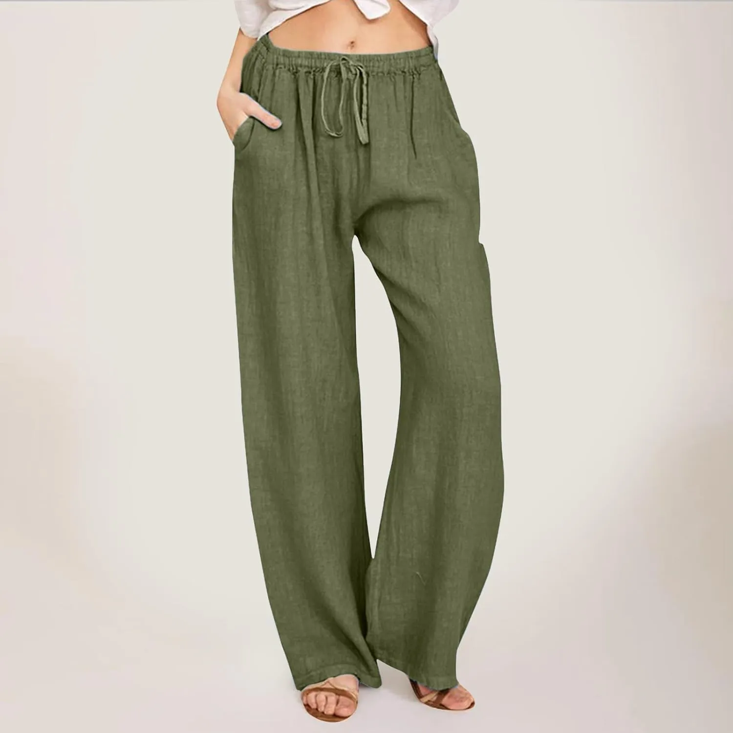 Aniwyn Cotton Linen Pants for Women Loose Fit Summer Wide Leg Casual Loose Drawstring High Waist Palazzo Trousers with Pocket
