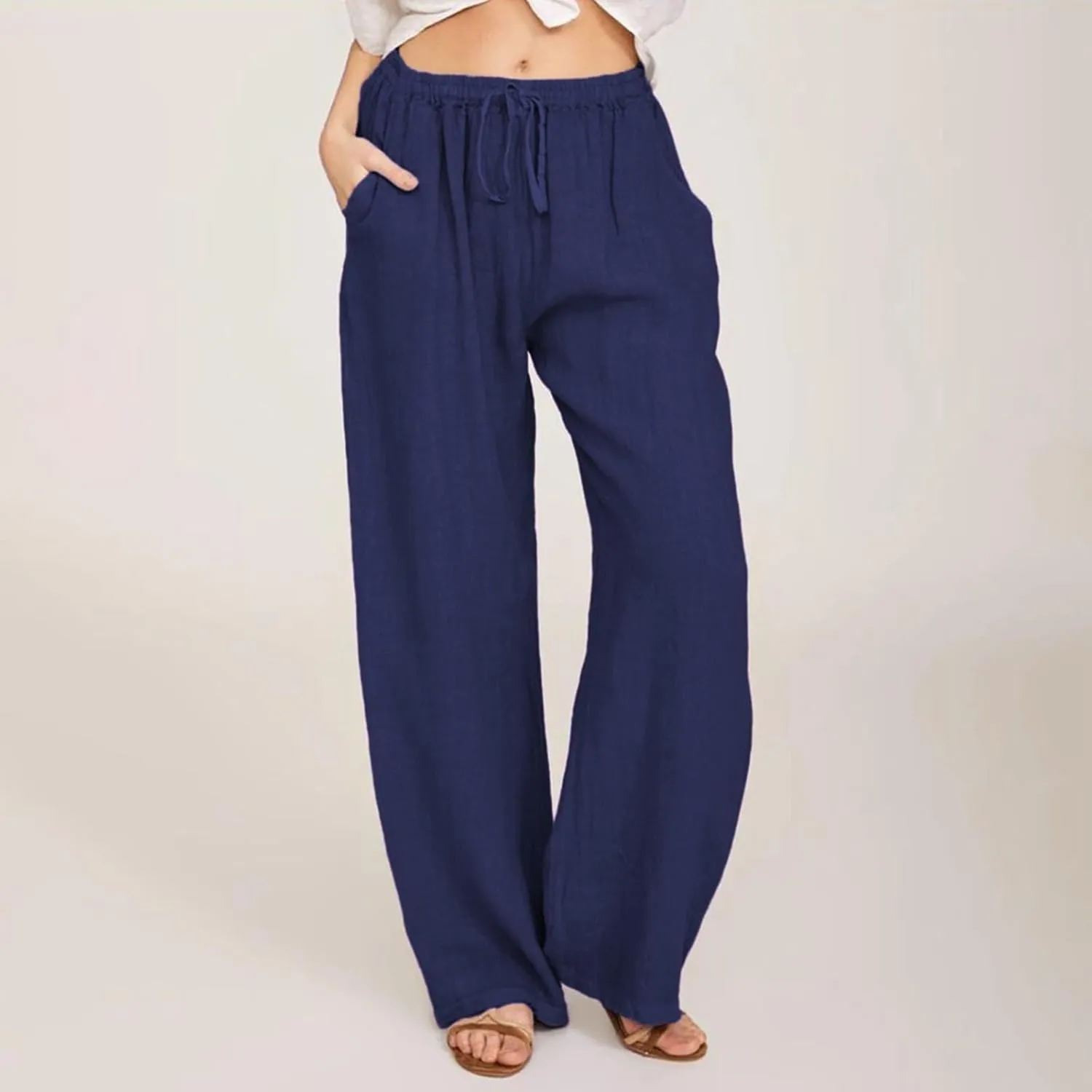 Aniwyn Cotton Linen Pants for Women Loose Fit Summer Wide Leg Casual Loose Drawstring High Waist Palazzo Trousers with Pocket