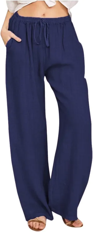 Aniwyn Cotton Linen Pants for Women Loose Fit Summer Wide Leg Casual Loose Drawstring High Waist Palazzo Trousers with Pocket