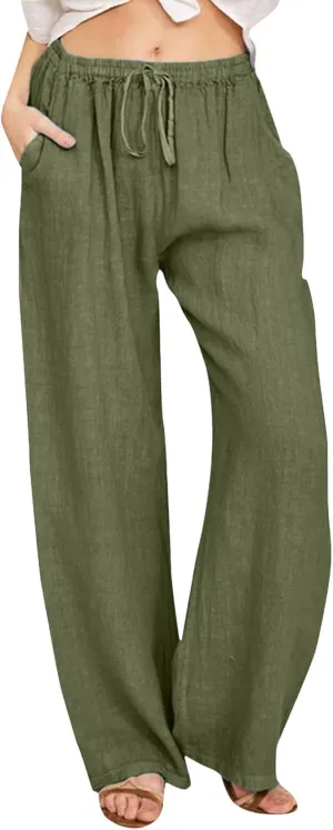 Aniwyn Cotton Linen Pants for Women Loose Fit Summer Wide Leg Casual Loose Drawstring High Waist Palazzo Trousers with Pocket