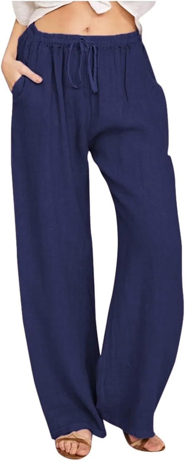 Aniwyn Cotton Linen Pants for Women Loose Fit Summer Wide Leg Casual Loose Drawstring High Waist Palazzo Trousers with Pocket