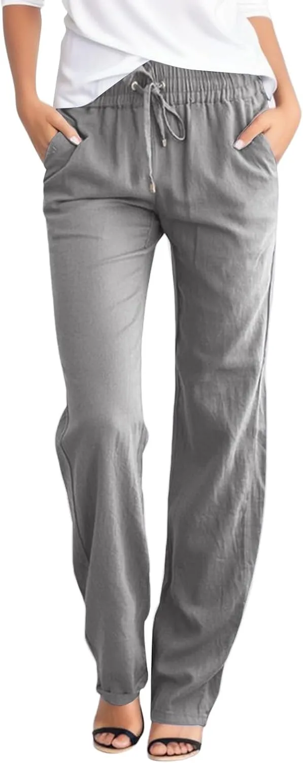 Aniwyn Cotton Linen Pants Women Straight Leg Beach Lightweight Elastic High Waist Boho Sweatpant Loose Comfy Palazzo Trousers