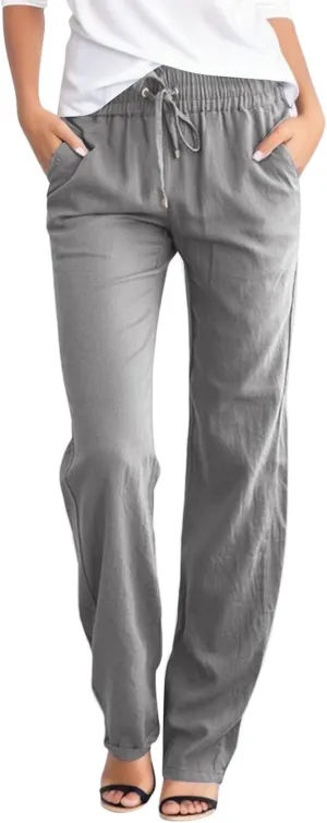 Aniwyn Cotton Linen Pants Women Straight Leg Beach Lightweight Elastic High Waist Boho Sweatpant Loose Comfy Palazzo Trousers