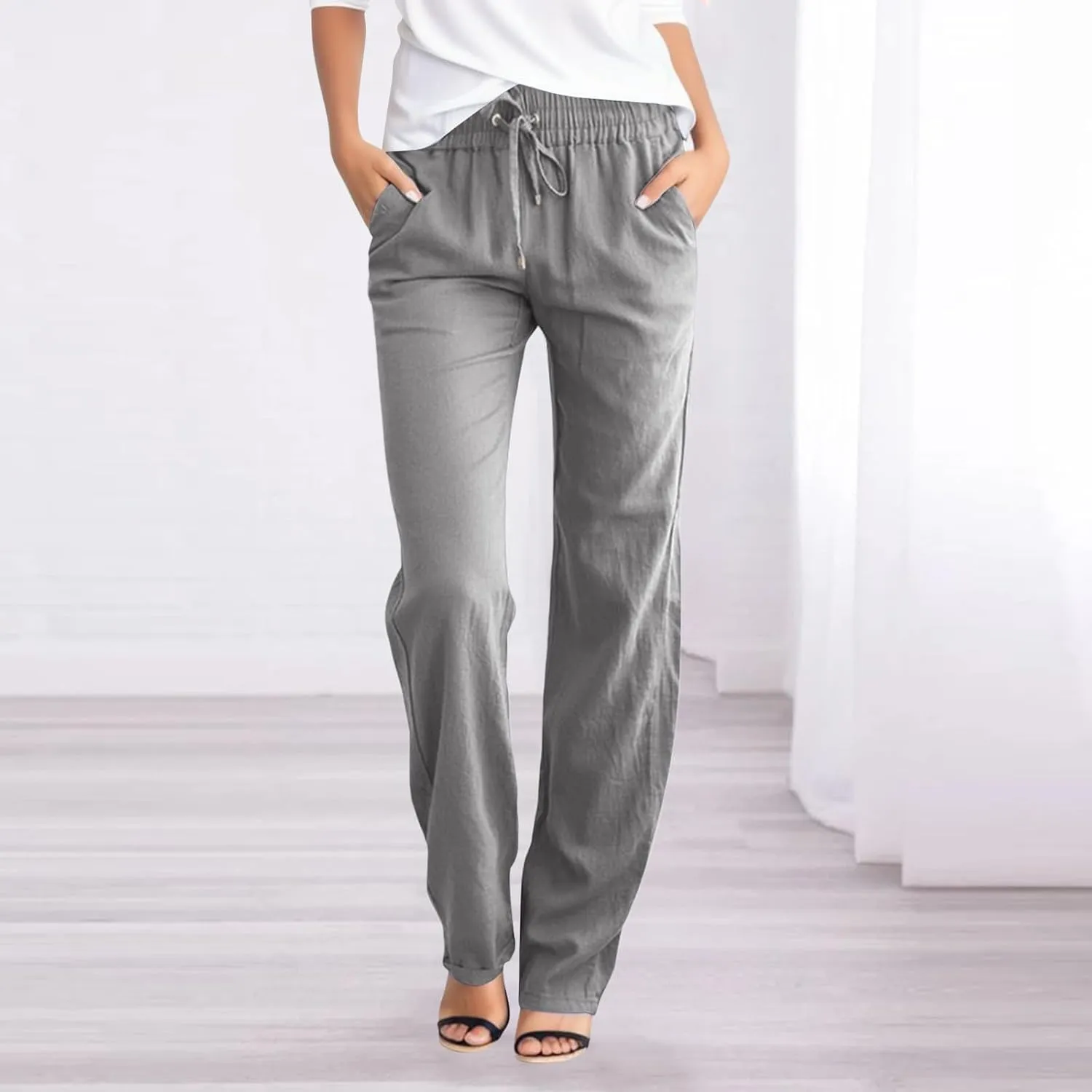 Aniwyn Cotton Linen Pants Women Straight Leg Beach Lightweight Elastic High Waist Boho Sweatpant Loose Comfy Palazzo Trousers