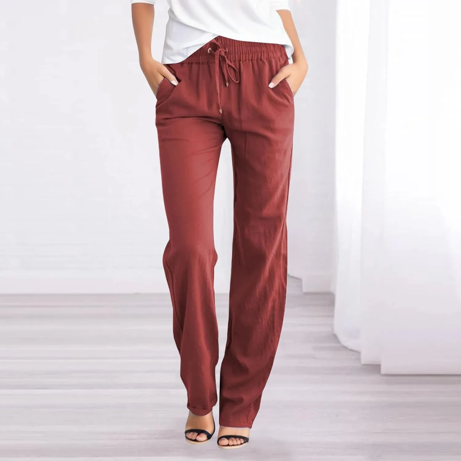 Aniwyn Cotton Linen Pants Women Straight Leg Beach Lightweight Elastic High Waist Boho Sweatpant Loose Comfy Palazzo Trousers